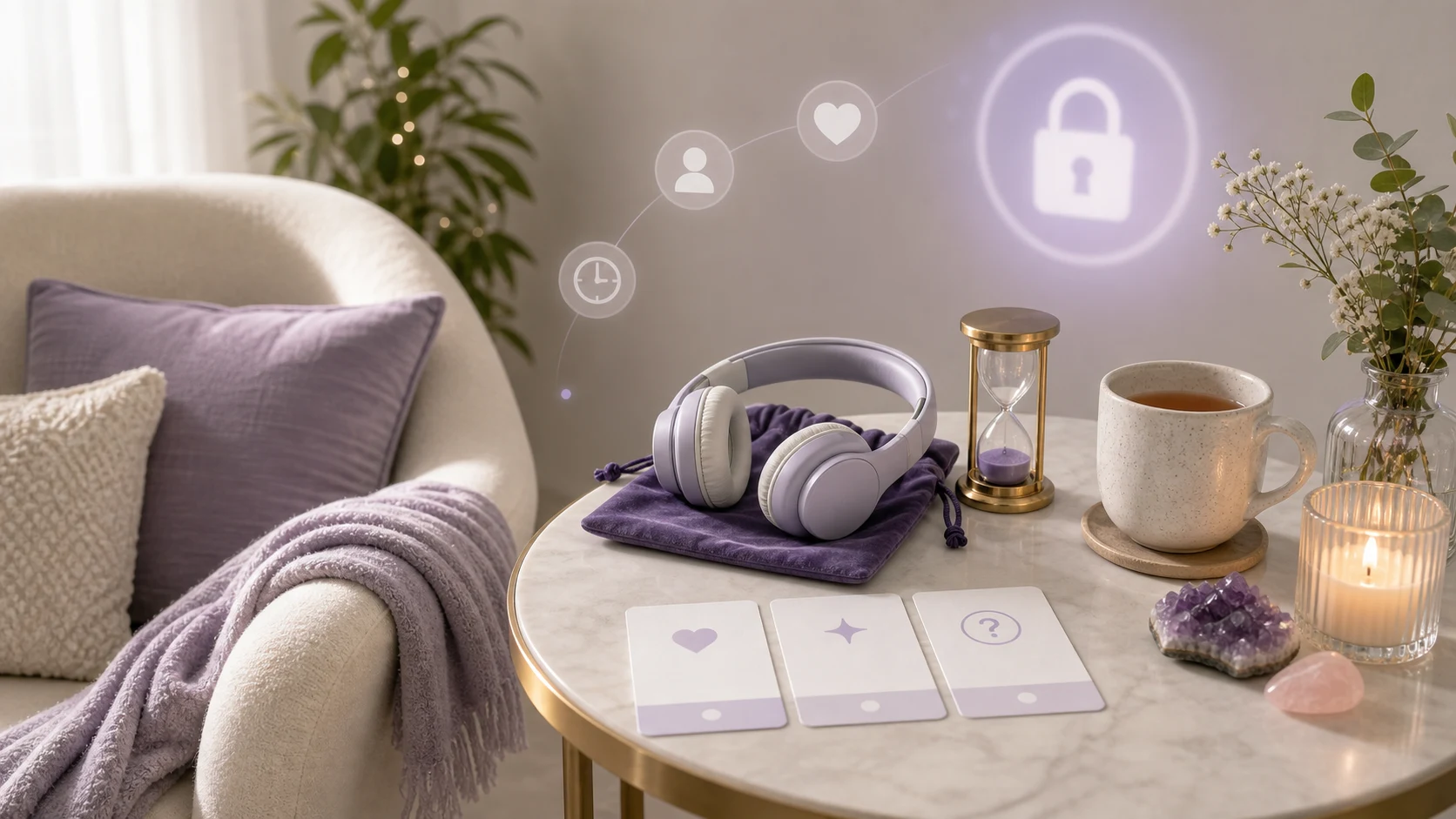 Quiet reading corner with headphones hourglass question cards and privacy icon