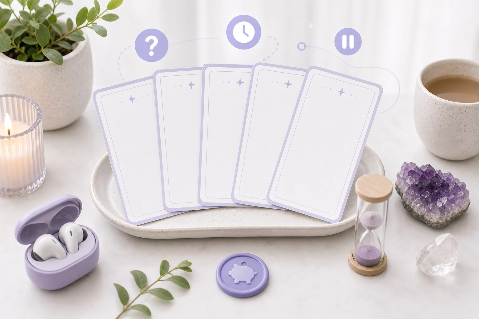 Question cards timer earbuds and pause icons for preparing an online psychic reading