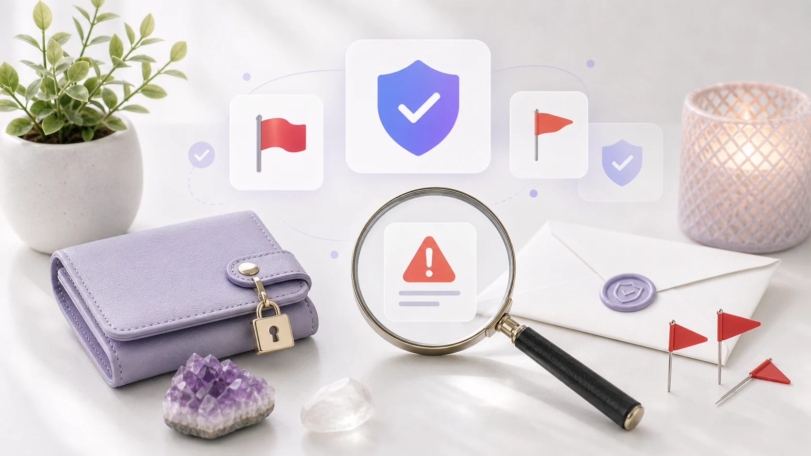 Locked wallet magnifying glass and warning flags for spotting psychic reading scams